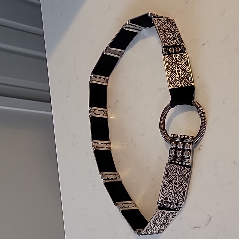 Chico's Stretchy Fabric And Metal Plates Belt Boho Gypsy Bohemian